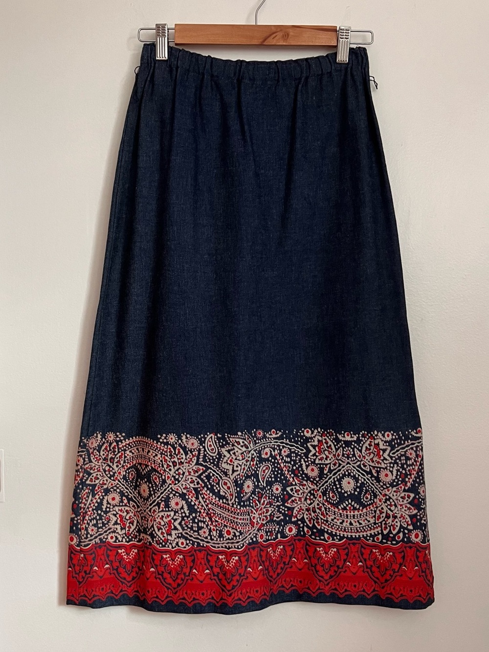VINTAGE Ethnic Style Handmade A-Line Midi Denim Skirt Size S